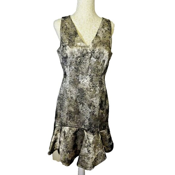 Natori Metallic Jacquard Dress Size 8 | Silver Gold Sleeveless Cocktail Party - Picture 7 of 10